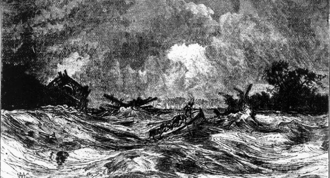 depiction of a boat on the Mississippi River during the New Madrid earthquakes
