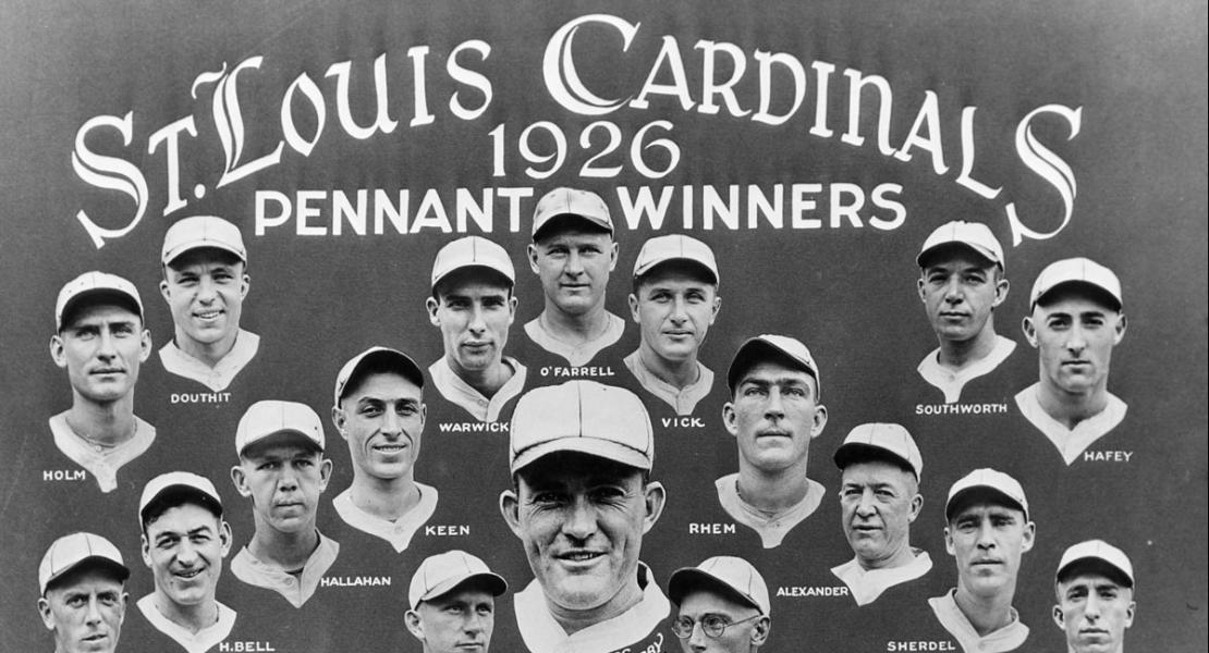 Hornsby (pictured at center) managed and played second base for the Cardinals’ 1926 team, the franchise’s first World Series champions.