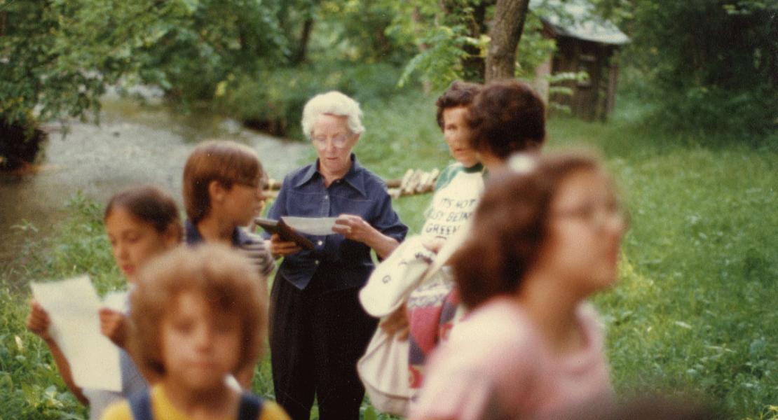 Dorothy Van Dyke Leake with visitors to her home on Crane Creek sometime in the 1980s.
