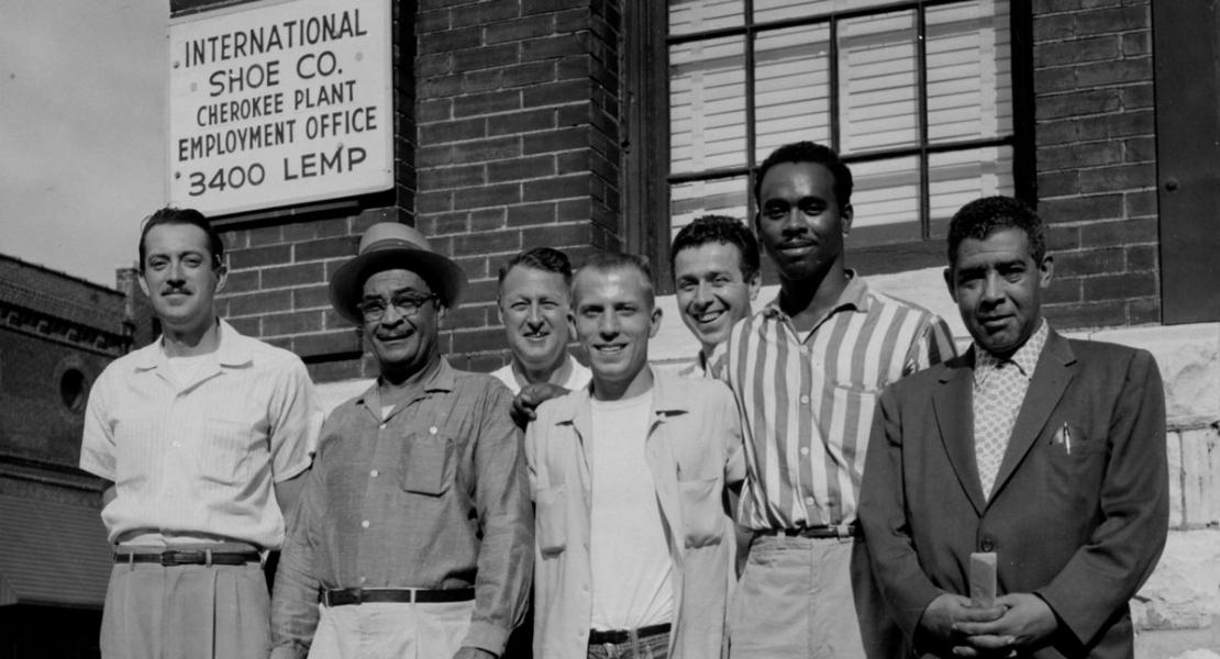 Ernest Calloway (at right) with the rank-and-file organizing committee of the International Shoe Company outside the Cherokee Plant at 3400 Lemp Avenue in St. Louis. [State Historical Society of Missouri, Ernest Calloway Papers (S0011), S11.45]