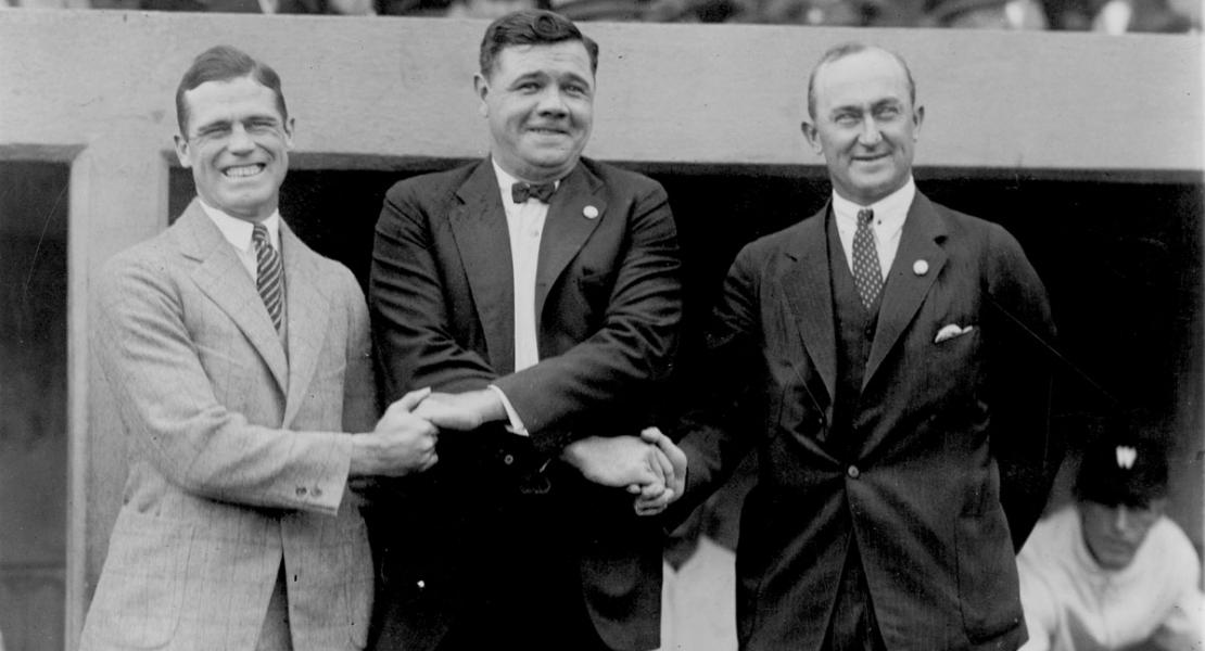 George Sisler (left) with fellow all-time greats Babe Ruth (center) and Ty Cobb (right), 1924. [Library of Congress, Prints and Photographs Division, LC-USZ62-103759]