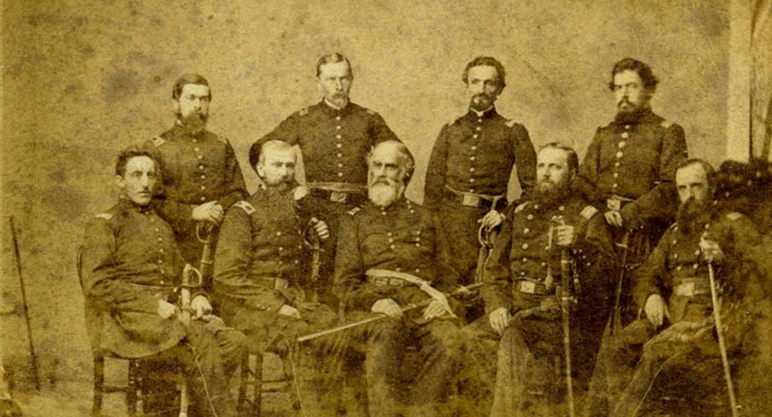 Major General Samuel Curtis (center, seated) and members of his staff. The photograph was probably taken in 1862 in St. Louis when Curtis was commander of the Department of the Missouri. [Wilson’s Creek National Battlefield; WICR 30785-F]