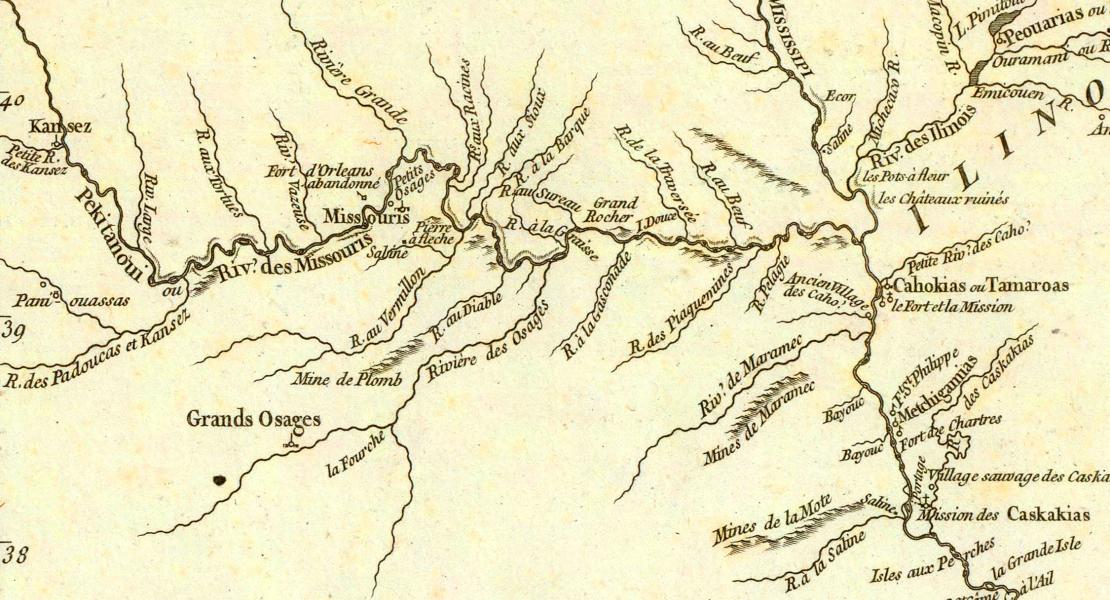 A detail from a map drawn in 1732 showing the location of the Missouria and Little Osage villages on the Missouri River. [Stanford University Libraries, David Rumsey Map Collection, map by Jean Baptiste Bourguignon D’Anville]