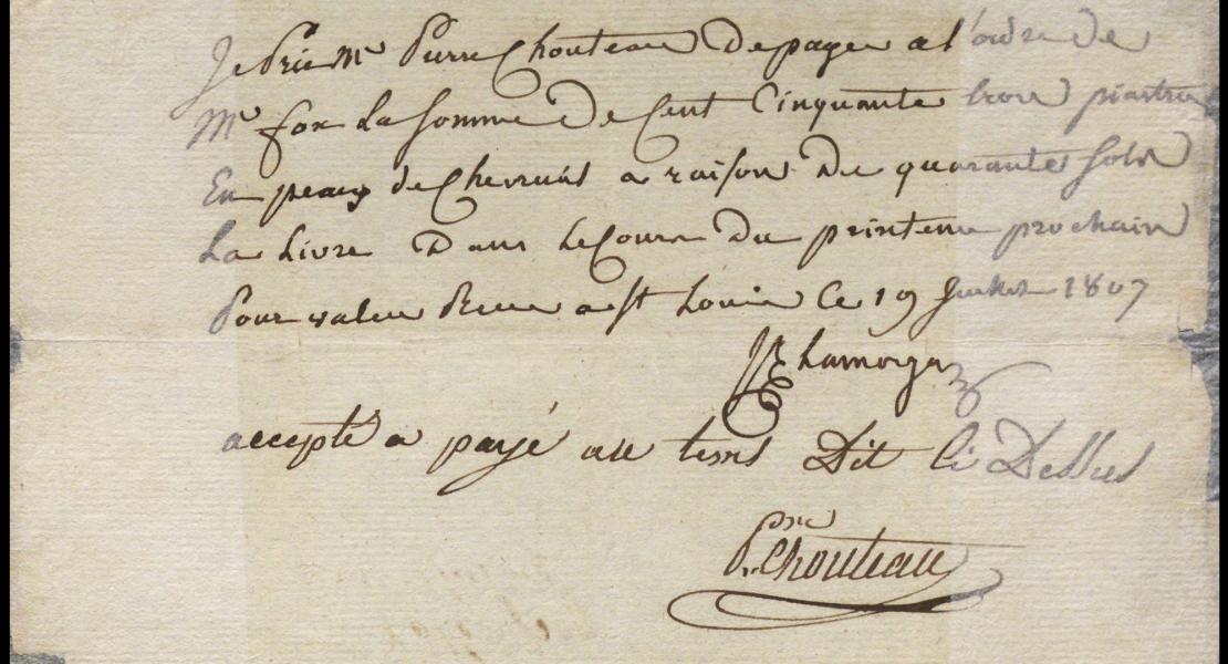Note of Jacques Clamorgan agreeing to pay skins worth $153 to Pierre Chouteau on July 19, 1807. [Missouri Historical Society, St. Louis, Clamorgan Family Papers, A0288-00017]