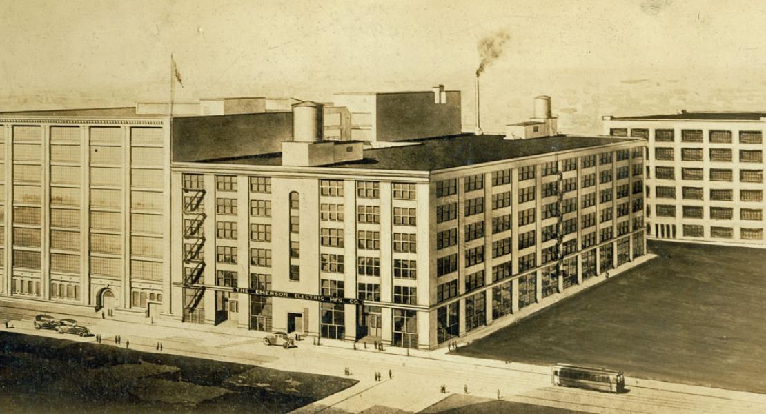 An artistic rendering of the Emerson Electric Company, circa 1920s. [Missouri Historical Society, St. Louis, Photographs and Prints Collection, N34713]