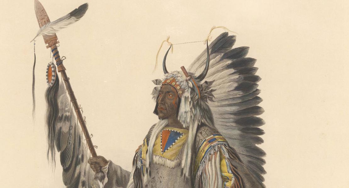 Mató Tope a Mandan Chief, by Karl Bodmer. Alexandre Damien, Johann Hürlimann, copiest/printmaker. [State Historical Society of Missouri Art Collection, 1958.0013]