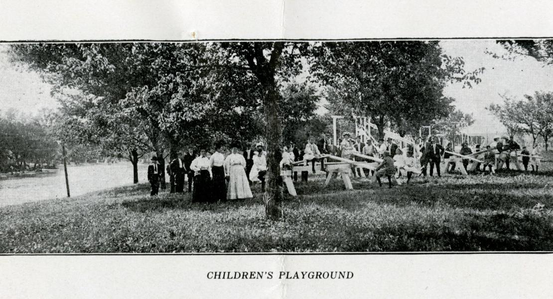 The children’s playground at Lakeside Park was situated in the middle of a large grove of elm trees and featured slides, sand piles, teeter-totters, and swings. [State Historical Society of Missouri, Missouri Council of Defense Papers (C2797)]