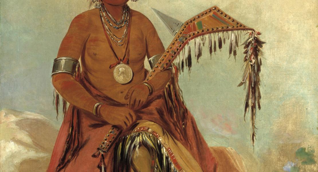 Painting titled Cler-mónt, First Chief of the Tribe, by George Catlin, 1834. The portrait is of Clermont II's son, also known as Clermont; there is no known image of Clermont II. [Smithsonian American Art Museum, SAAM-1985.66.29_1]