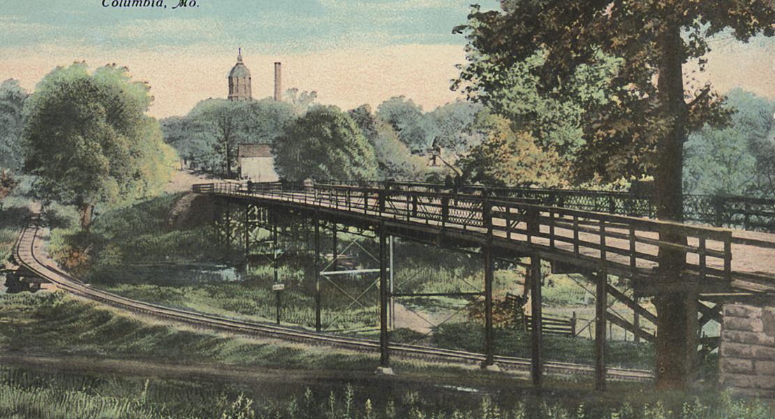 An early twentieth-century postcard of Stewart Bridge, where a mob killed James T. Scott in the early hours of April 29, 1923. [State Historical Society of Missouri, John W. Coffman Collection of University of Missouri Postcards (P305), 010783-1]