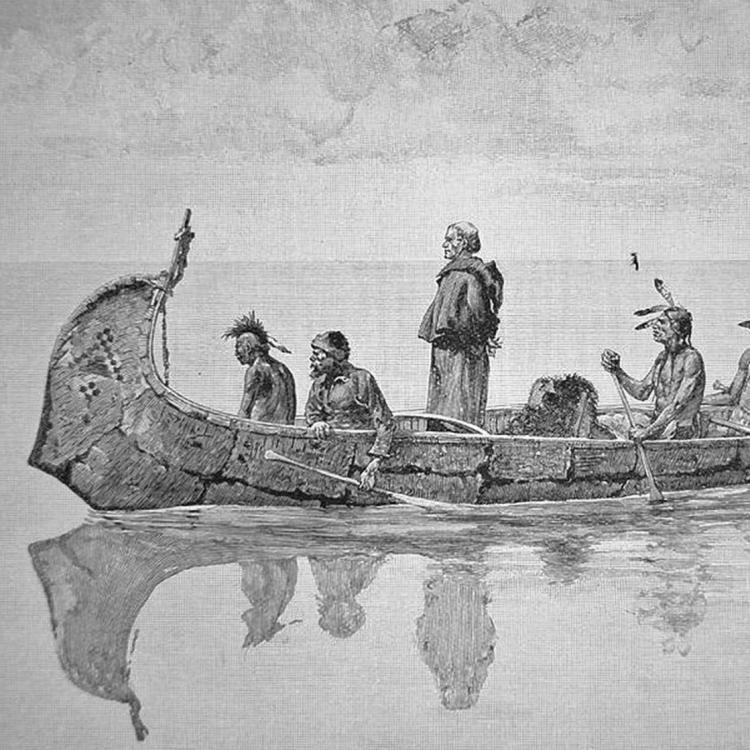 A late nineteenth-century illustration of French missionaries traveling by canoe with Native Americans. [Harper’s Monthly, April 1892]