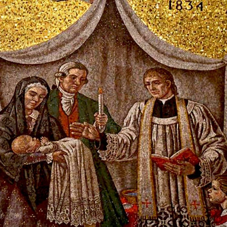 A cathedral mosaic of Father Sebastien Louis Meurin performing a baptism. [Cathedral Basilica of St. Louis]