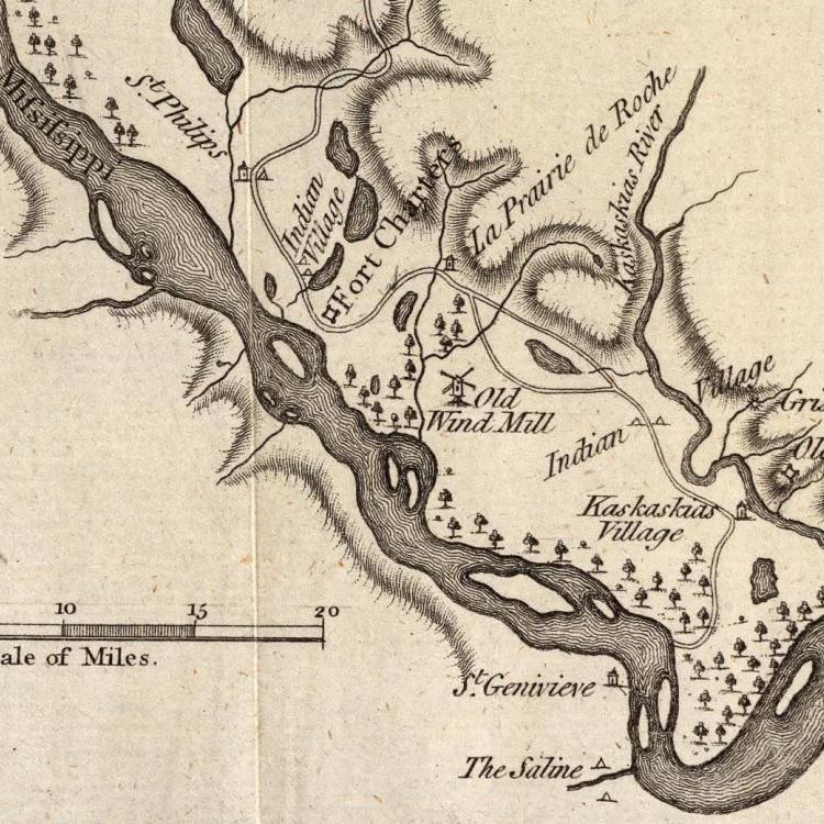 A detail from Thomas Hutchins’s 1778 map of the Illinois Country showing Ste. Genevieve, Kaskaskia, and Fort de Chartres. [Courtesy of the David Rumsey Historical Map Collection, Image 5045002]
