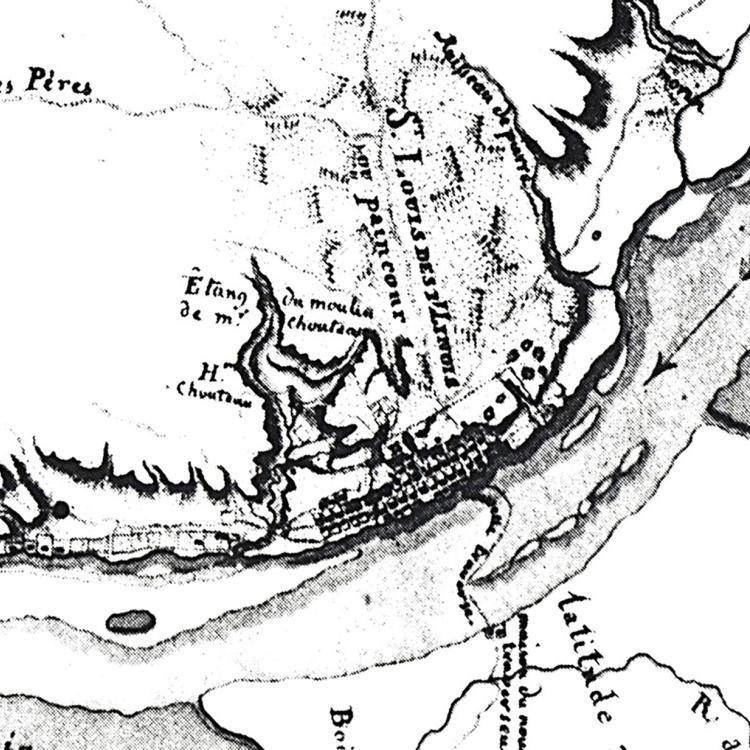A detail from the Finiels map of the Mississippi River showing the area around St. Louis. The original is in the Archives de la Marine, Chateau, Vincennes, France. [Courtesy of Carl J. Ekberg]
