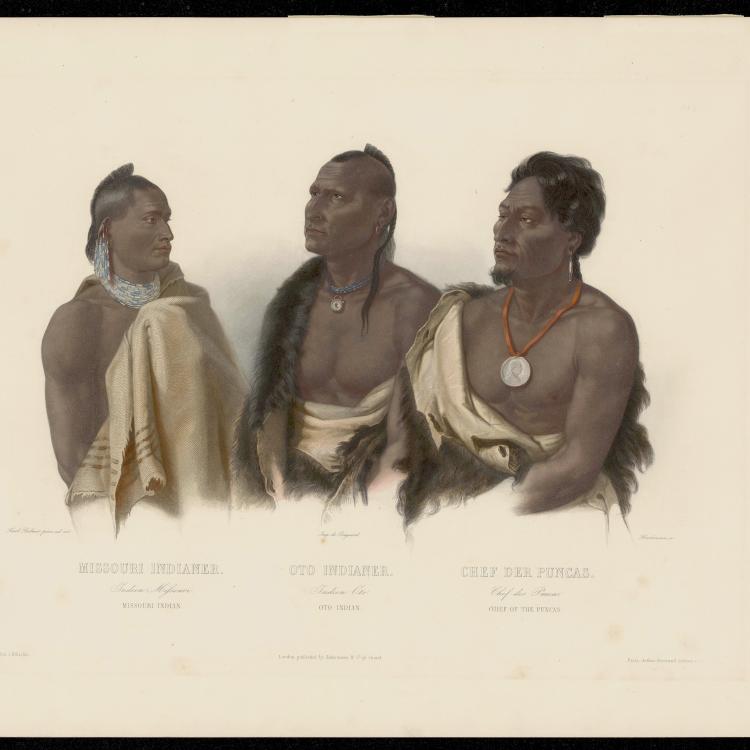 <em>Missouri Indian, Oto Indian, Chief of the Puncas</em>, portraits made by Karl Bodmer during an exploration of the Missouri River and its environs led by Prince Maximilian of Wied in 1833–1834. The Missouria man portrayed is Mahinkacha (Maker of Knives). [State Historical Society of Missouri Art Collection, <a href=https://digital.shsmo.org/digital/collection/art/id/477/> 1958.0007c1</a>]