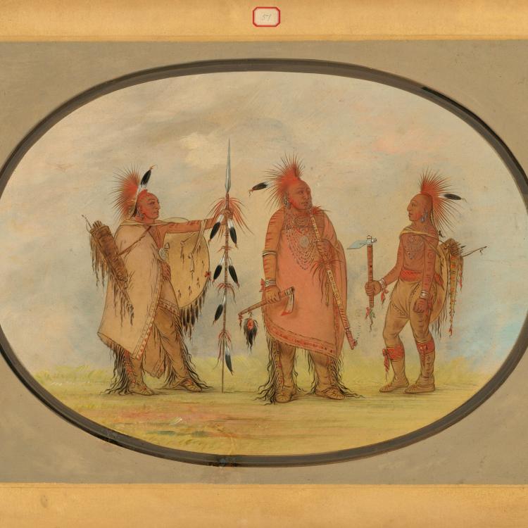 Osage Chief with Two Warriors, oil painting on card by George Catlin. [National Gallery of Art, Paul Mellon Collection, 1965.16.68]