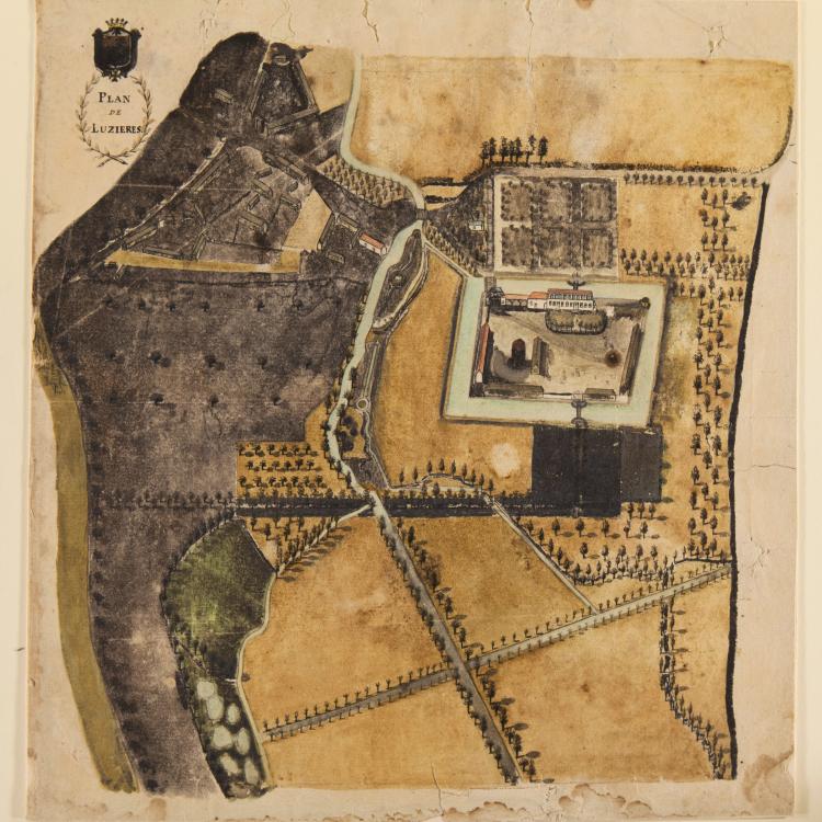 This watercolor rendering of “Plan de Luzieres” is thought to show the French ancestral home of Pierre-Charles Delassus de Luzières. [Missouri Historical Society, St. Louis, X08600]