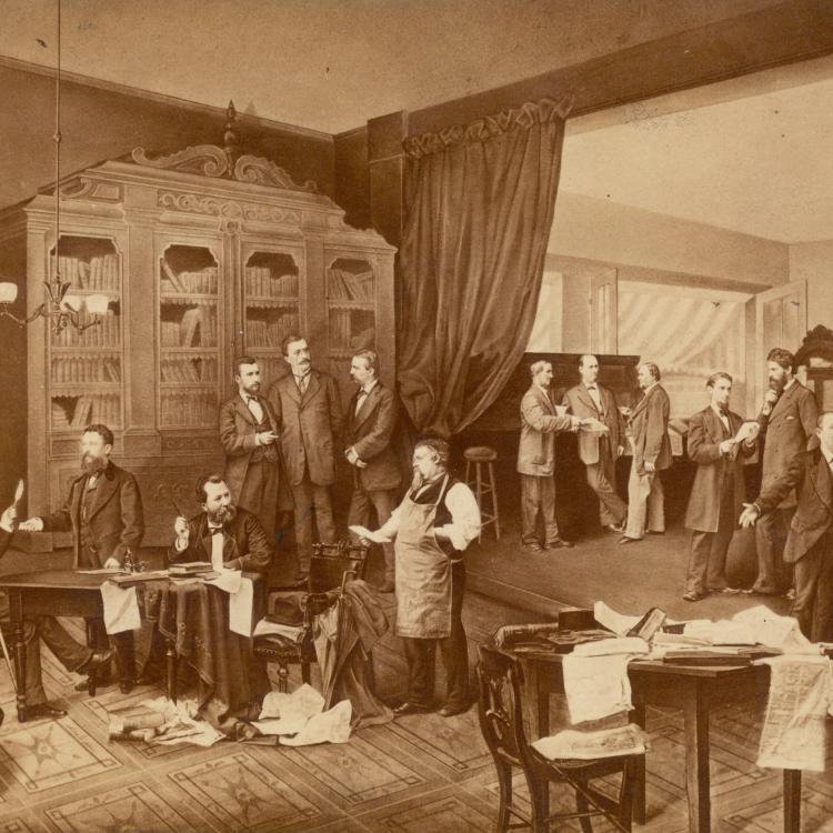 The editorial room of the Westliche Post, circa 1870. The paper’s prominent figures included Carl Schurz (fourth from left, seated at table), Emil Preetorius (sixth from left), and Joseph Pulitzer (not pictured). [Missouri Historical Society, St. Louis, Photographs and Prints Collection, N01710]