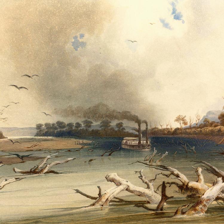 Snags (Sunken Trees) on the Missouri, print replicating Karl Bodmer’s painting, 1841. [State Historical Society of Missouri, Art Collection, 1958.0006c1]