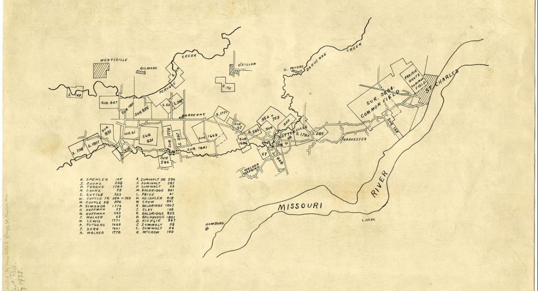 A map of the Boone’s Lick Road made by Kate Leila Gregg, circa 1933.