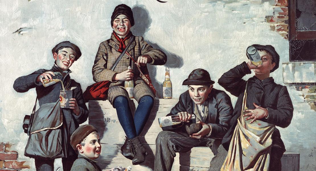 An advertisement for Lemp Brewery featuring newsboys drinking beer from 1900