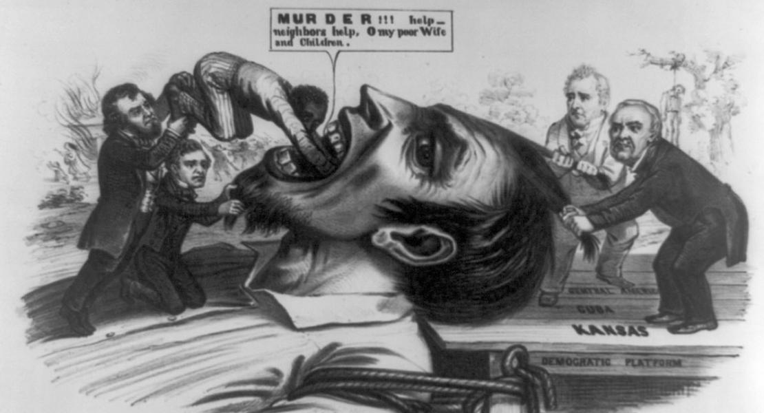 An 1856 political cartoon protesting the Kansas-Nebraska Act. Democratic senator Stephen A. Douglas and president Franklin Pierce force a black man into the jaws of “Slavery,” while Democratic presidential nominee James Buchanan and senator Lewis Cass restrain a bearded free-soiler. [Library of Congress, Prints and Photographs Division, LC-USZ62-92043]