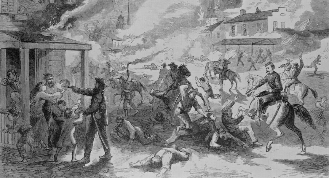 This illustration of the massacre in Lawrence appeared in the September 5, 1863, issue of Harper’s Weekly. [Library of Congress, Prints and Photographs Division, LC-USZ62-134452]