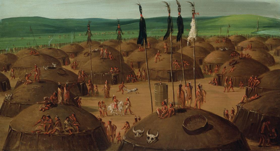 A painting of a Mandan village by George Catlin, c. 1837–1839. Clark and the Corps of Discovery spent their first winter near Mandan and Hidatsa settlements in what is now North Dakota. [Smithsonian American Art Museum, 1985.66.502]  