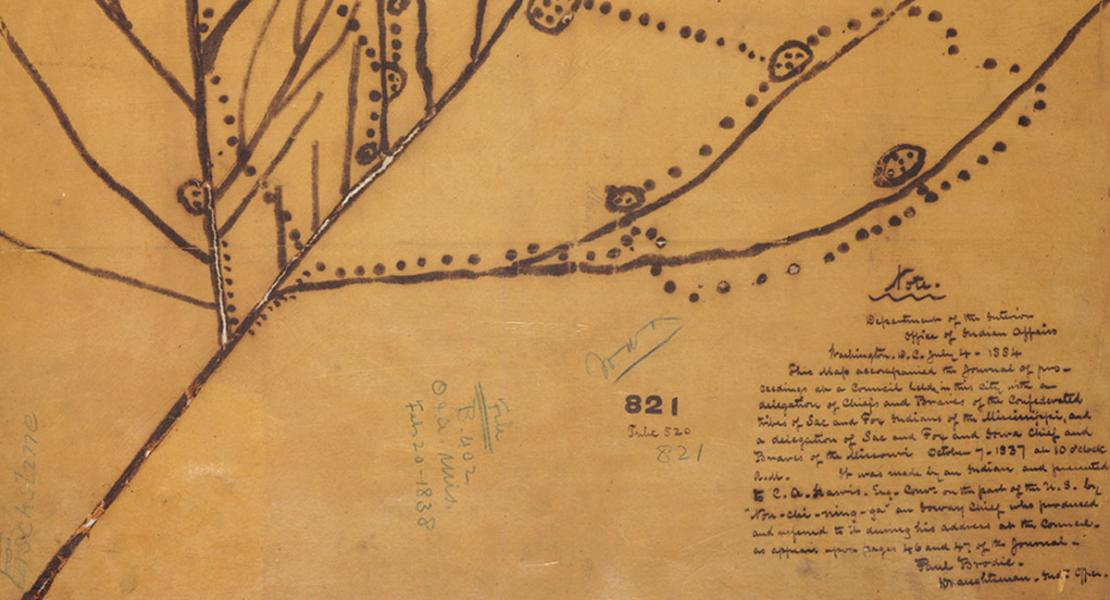 No Heart’s Map, drawn in 1837 by an Ioway, depicts tribal travel routes and villages across the upper Midwest. [Courtesy of the National Archives and Records Administration]