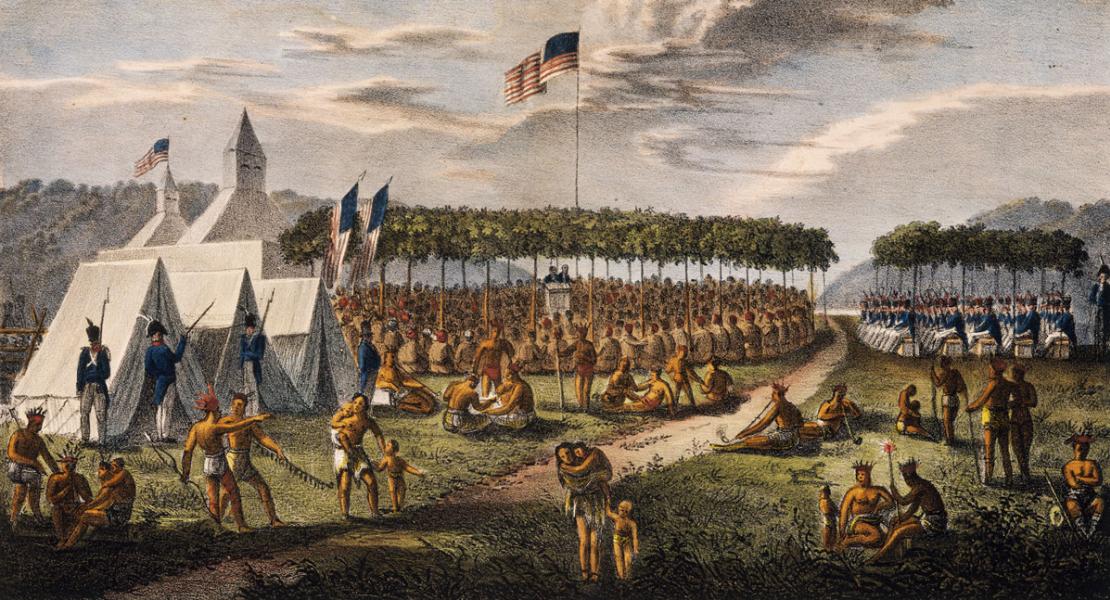 View of the Great Treaty Held at Prarie du Chien, chromolithograph by James Otto Lewis. Clark superintended the negotiations in 1825 with northern Indian tribes he had first visited ten years earlier. [Library of Congress, Prints and Photographs Division, LC-USZ-C4-510]