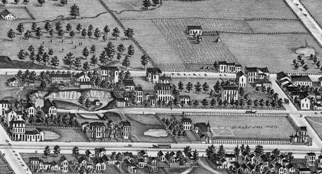 This detail from an 1875 pictorial map of St. Louis shows Von der Ahe’s business at the corner of St. Louis and Grand Avenues (lower left), just down the street from the baseball field at Grand Avenue Park (lower right). [Library of Congress, Geography and Map Division, https://www.loc.gov/item/rc01001392/]