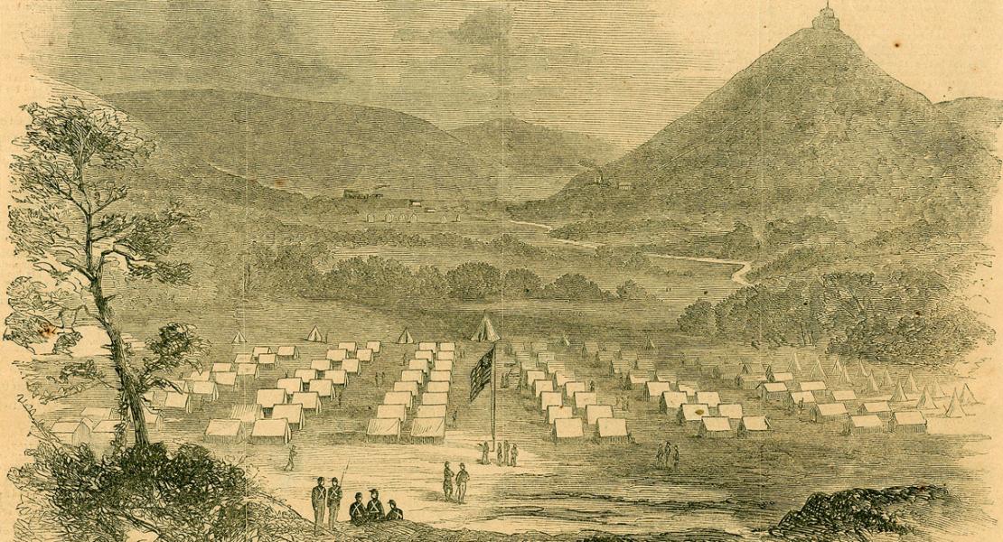 A Union encampment in the Arcadia valley early in the war. Pilot Knob Mountain is at right. [Harper’s Weekly, September 21, 1861]