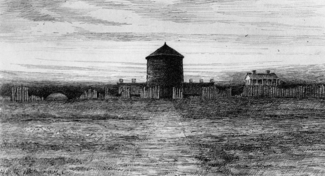 An artist’s depiction of Fort San Carlos. Constructed under orders from Fernando de Leyba, it played a crucial role in stopping the British attack on St. Louis in 1780. [Walter B. Stevens, ed., History of St. Louis the Fourth City, 1764–1909, vol. 1 (1909)]