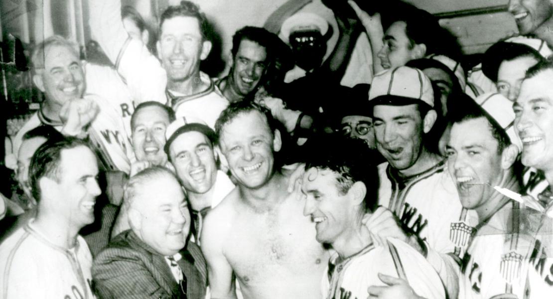 St. Louis Browns players and owner Donald Lee Barnes celebrate the team’s lone American League pennant in 1944. [Missouri Historical Society, St. Louis, Photographs and Prints Collection, N45028]
