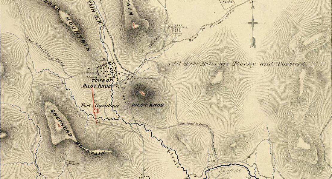 A map of the Pilot Knob battle area made in 1865. [National Archives and Records Administration, RG 77, Records of the Office of the Chief of Engineers, 1789–1999, NAID 305779]
