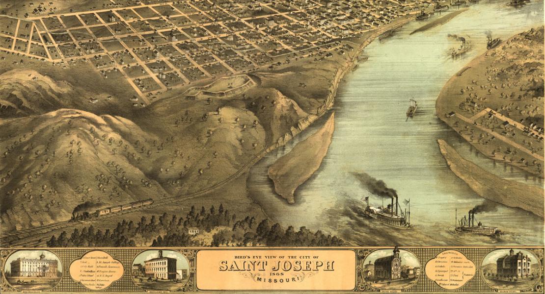 St. Joseph, Missouri, at about the time of Robidoux’s death in 1868. [Library of Congress, Geography and Map Division, 73693489. Originally published by Merchants Lithographing Co., Chicago, 1868.]