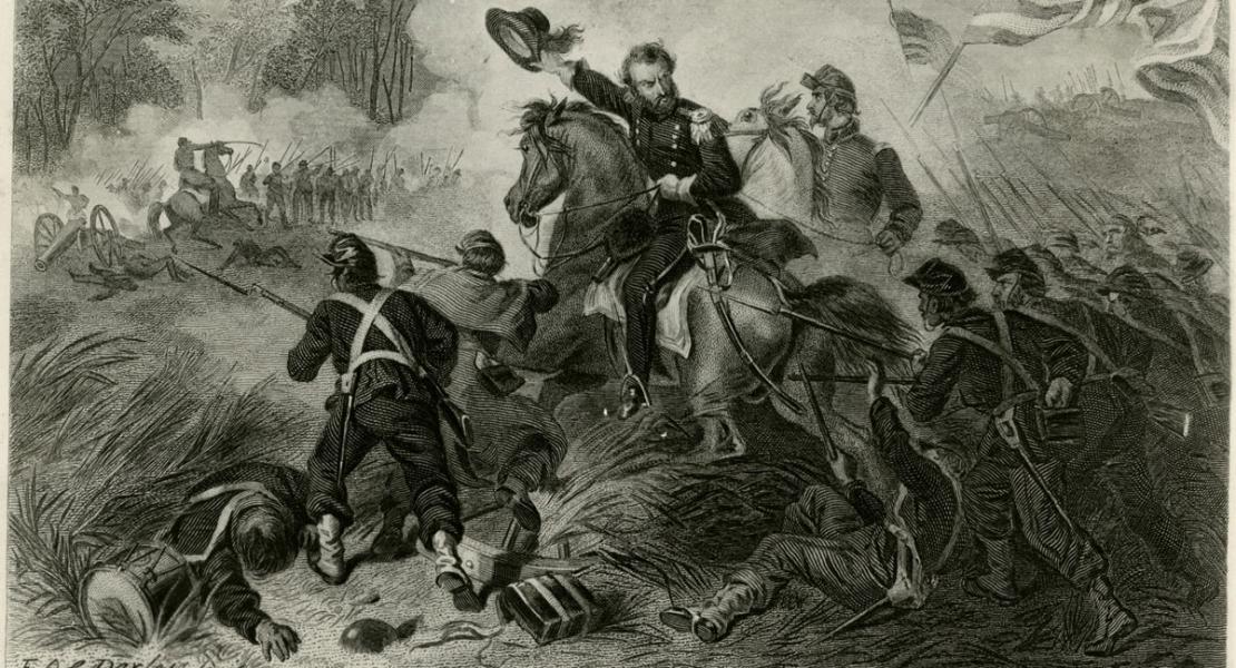 This engraving depicts Lyon at the Battle of Wilson’s Creek. [State Historical Society of Missouri, Art Collection Records, P1042-25004]