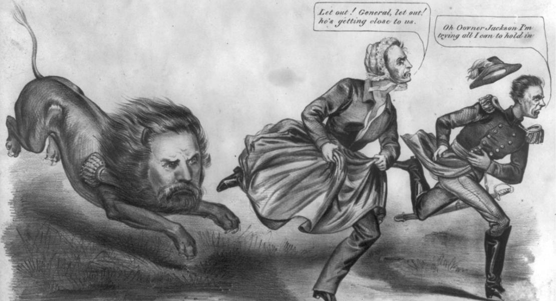 A political cartoon referring to the advance across Missouri of federal forces led by Nathaniel Lyon in 1861. Price is the figure on the right. [Library of Congress, Prints and Photographs Division, LC-USZ62-15994]