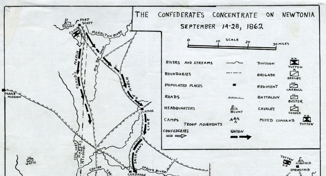 A map of Confederate forces concentrating on Newtonia, September 14–28, 1862. [State Historical Society of Missouri, Map Collection, 850 St29n, Map 1]