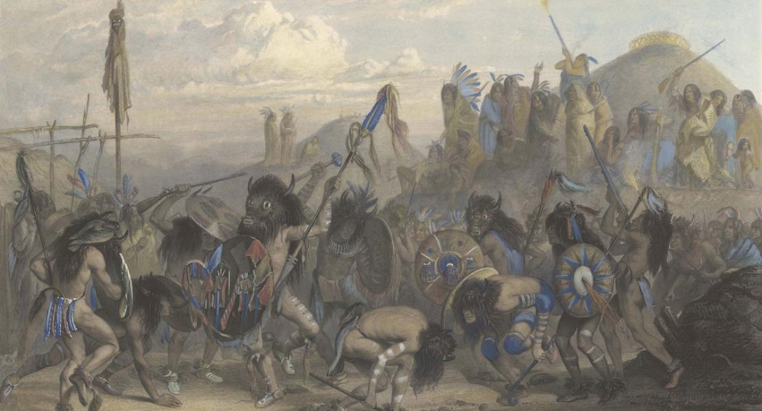 Bison-Dance of the Mandan American Indians in Front of Their Medecine Lodge. In Mih-Tutta-Hankush, after Karl Bodmer. Alexandre Damien Manceau, copiest/printmaker. [State Historical Society of Missouri Art Collection, 1958.0018]