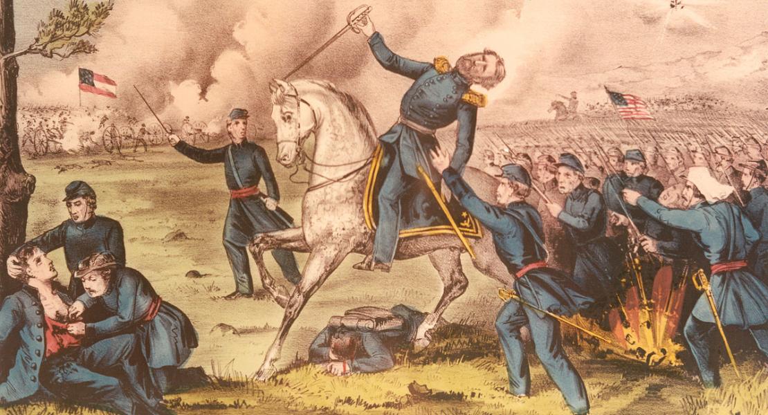 A Currier & Ives print memorializing Lyon’s death on the battlefield at Wilson’s Creek. [State Historical Society of Missouri, Art Collection Records, P1042-18597]