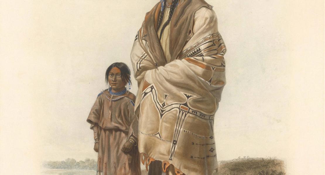 Dacota Woman and Assiniboin Girl, after Karl Bodmer. Narcisse-Edmond-Joseph Desmadryl, copiest/printmaker. [State Historical Society of Missouri Art Collection, 1958.0009]