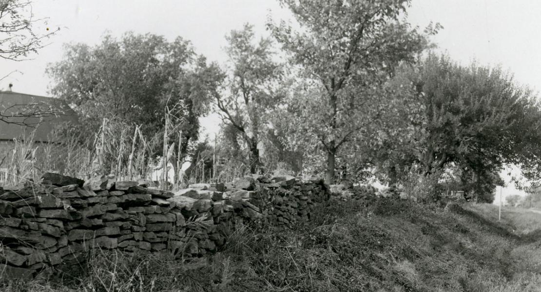 This stone wall, which still survives today, provided cover for Confederate and Union troops during the First Battle of Newtonia. [State Historical Society of Missouri, B. James George Photograph Collection, P0010-22885]