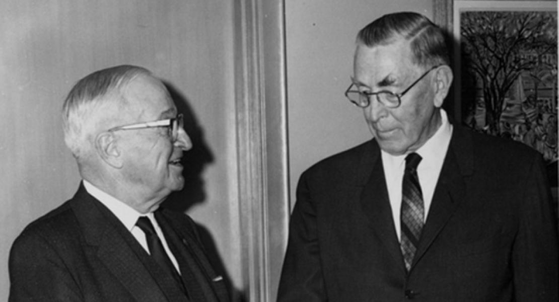 Howard A. Cowden (right) with former president Harry S. Truman. [Harry S. Truman Library and Museum, 64-1411]