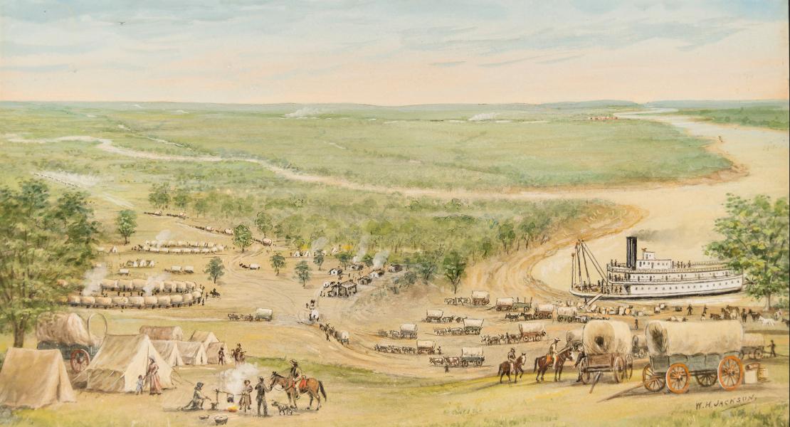 Westport Landing by pioneer and watercolor artist W. H. Jackson. [William Henry Jackson, Scotts Bluff National Monument, SCBL 19]
