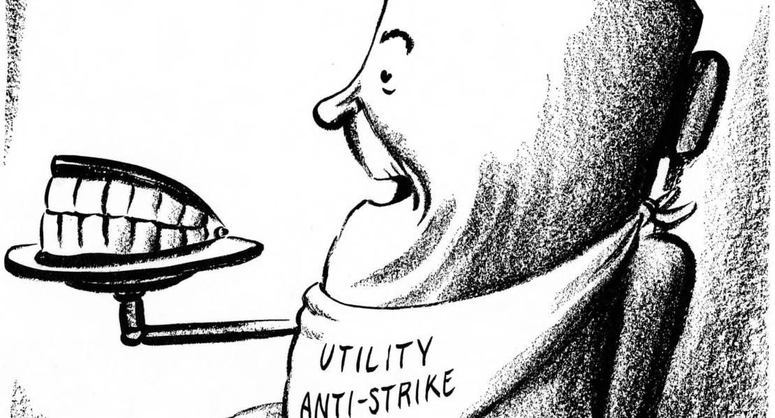 This editorial cartoon by Daniel R. Fitzpatrick about Donnelly and the King-Thompson Anti-Strike Law appeared in the St. Louis Post-Dispatch on April 17, 1947. [State Historical Society of Missouri, Editorial Cartoons Collection]