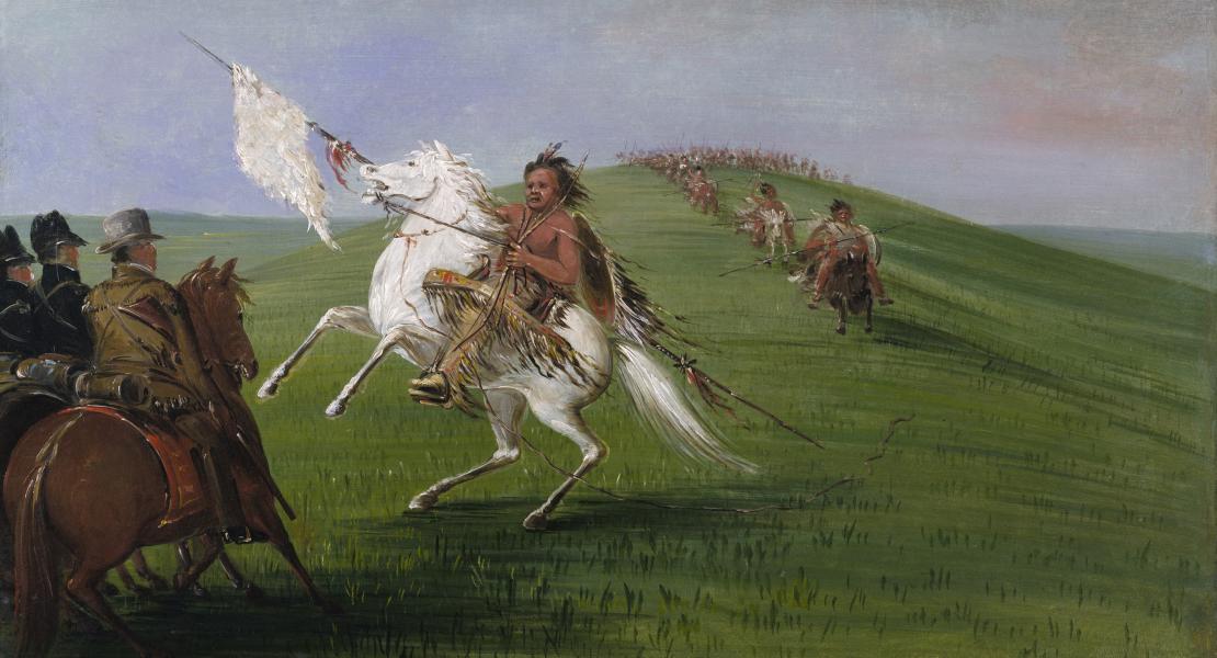 George Catlin’s painting Comanche Meeting the Dragoons depicts Colonel Henry Dodge and his troops being approached by Comanche warriors in 1834. [Smithsonian American Art Museum, Gift of Mrs. Joseph Harrison, Jr., 1985.66.488]