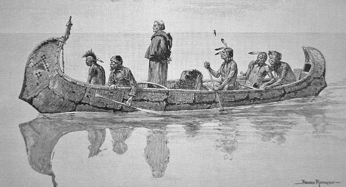 A late nineteenth-century illustration of French missionaries traveling by canoe with Native Americans. [Harper’s Monthly, April 1892]
