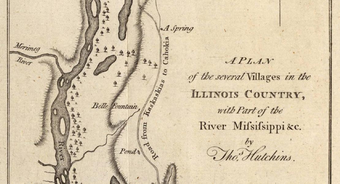 Thomas Hutchins’s 1778 map of the Illinois Country. The mouth of the River Des Peres, between St. Louis and the “Merimeg” (Meramec) River, is unnamed, and no settlement is indicated there. [Courtesy of the David Rumsey Historical Map Collection]