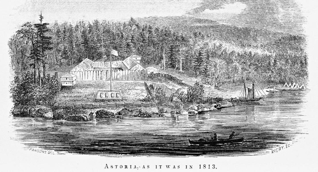A depiction of Fort Astoria in 1813. [Gabriel Franchère, Journal of a Voyage on the North West Coast of America during the Years 1810–1814 (1854)]