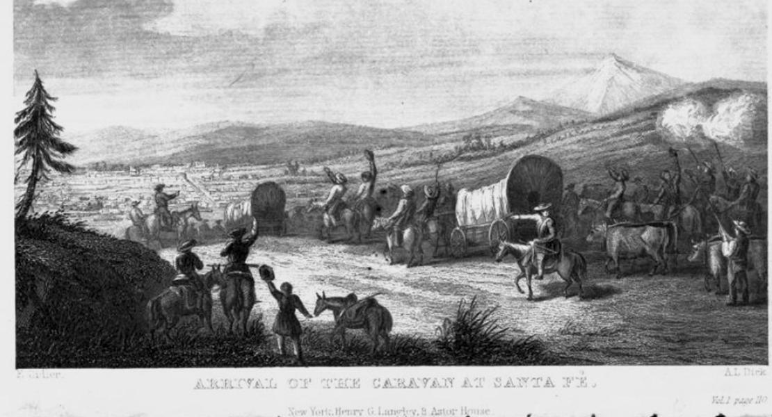 An illustration from Gregg’s Commerce of the Prairies of a trading caravan arriving in Santa Fe. [New York Public Library Digital Collections, Rare Books Division, ps_rbk_cd24_368]
